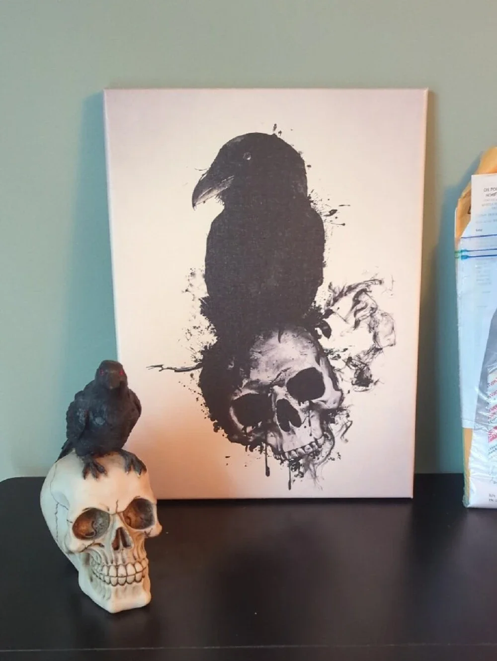 Raven and Skull Canvas Art - Black on Cream